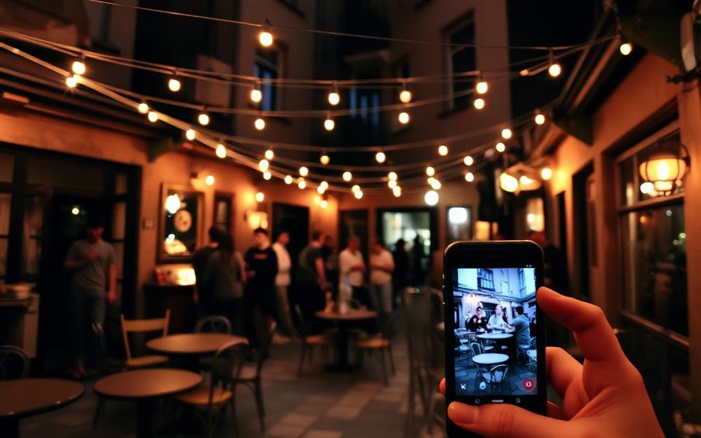 Ruin bar courtyard with string lights at night