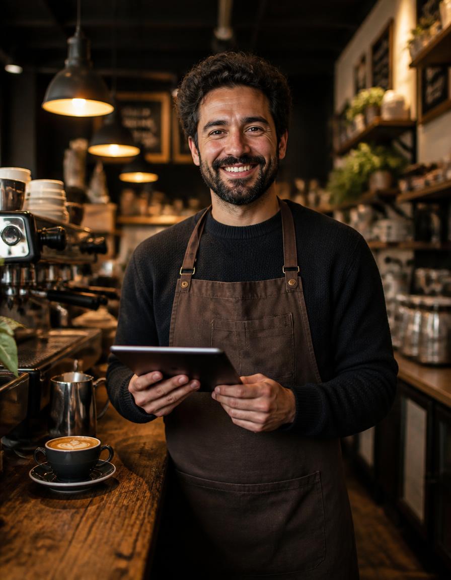 A cafe owner checking traveller matches on a tablet