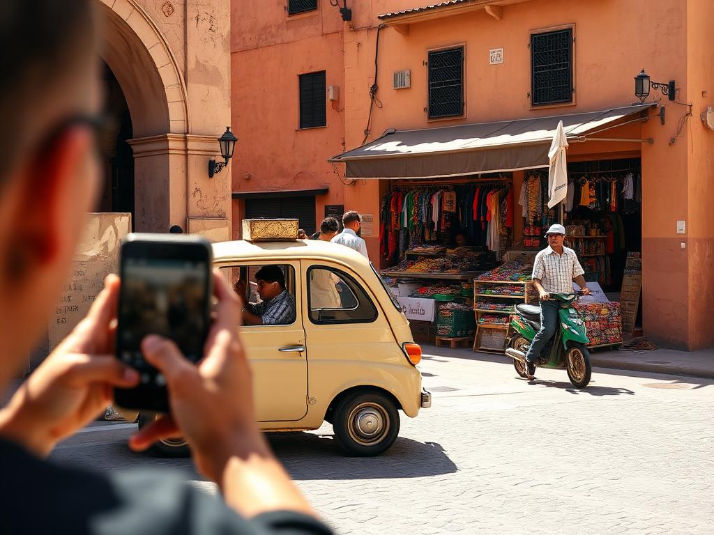 A small taxi on a sunny street in the Marrakech medina