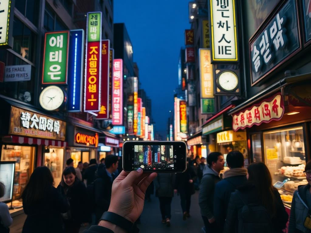 Neon signs on a busy Seoul street at night